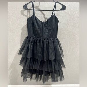 Lulus Black Corset Tulle Tiered Ruffle Mini Dress Strappy Party Club Whimsigoth